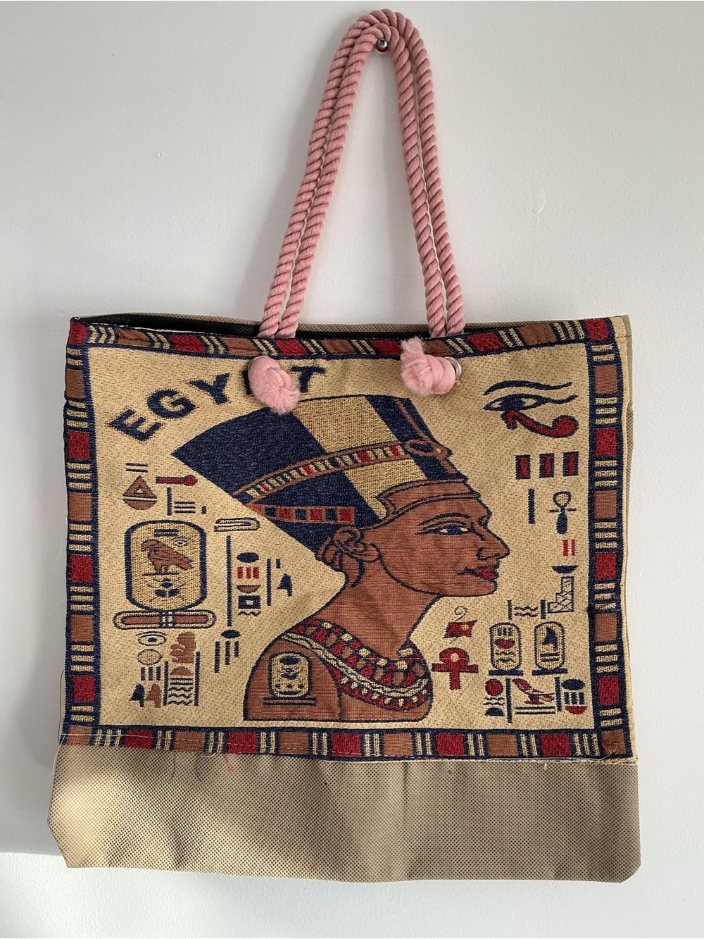 Cream Egyptian Motif Tote with Pink Rope Handles